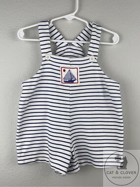 New Potatoes 90s Baby Sailboat Blue White Striped Nautical Vintage Romper 18M